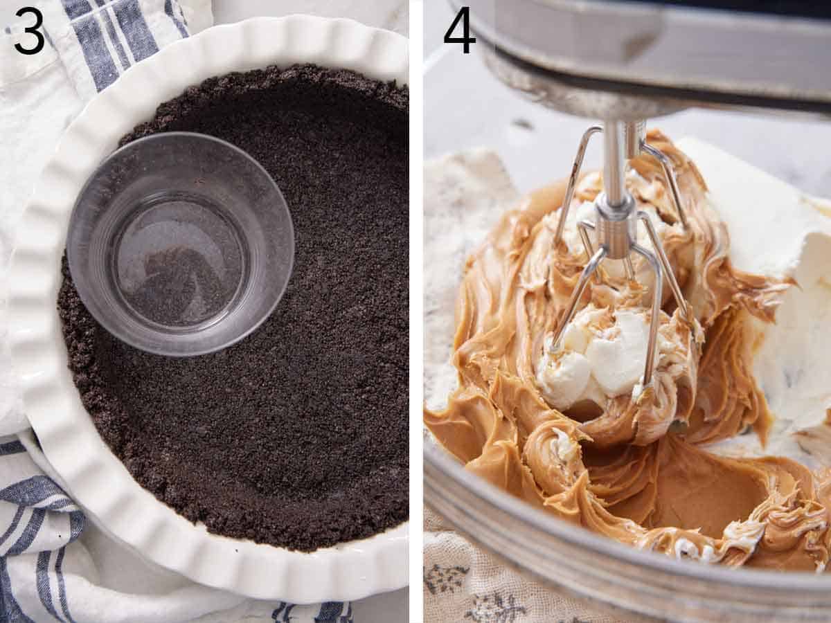 Set of two photos showing crust pressed with a cup into a baking dish and cream cheese mixed with peanut butter.