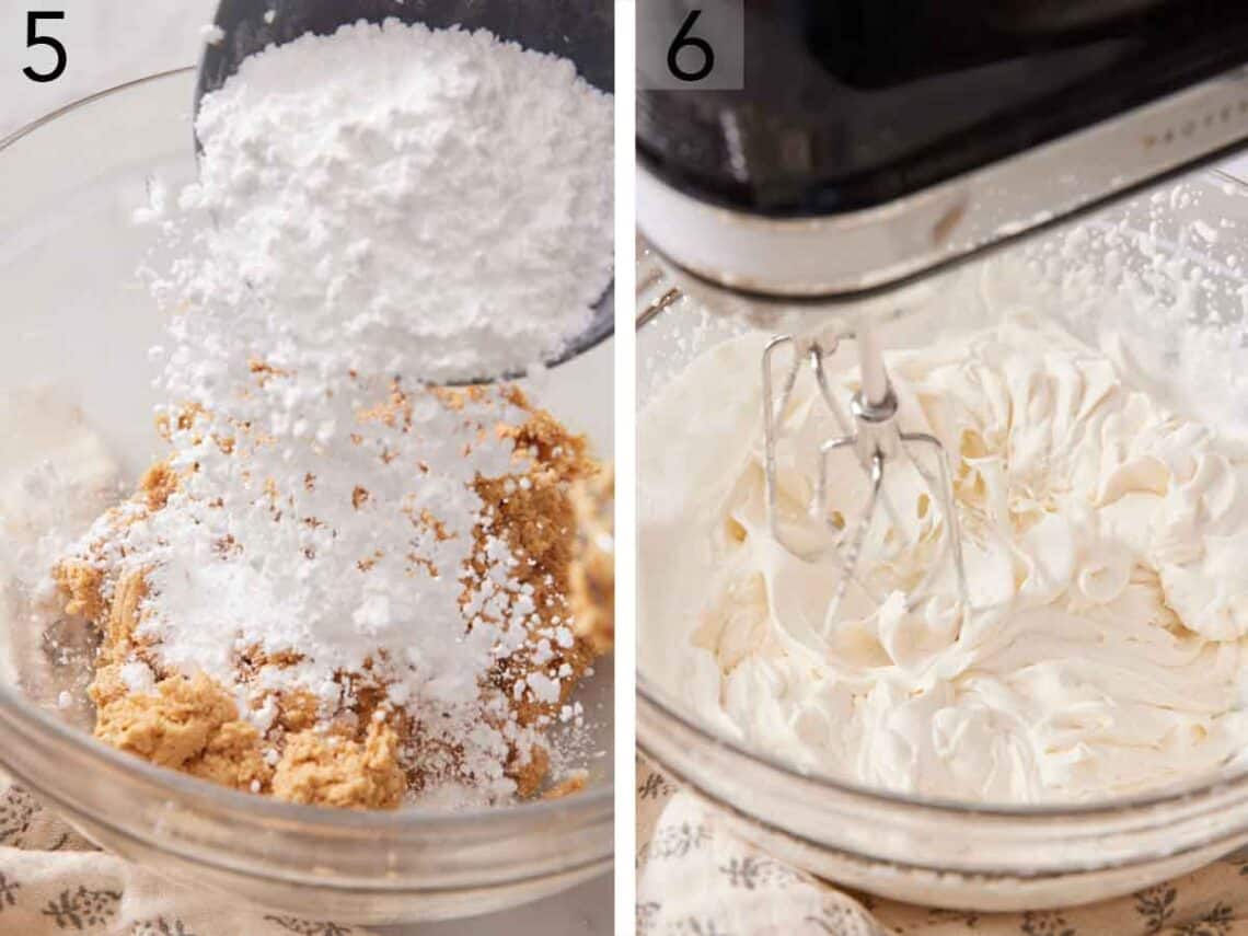 Set of two photos showing powdered sugar added to the bowl and cream mixed in a bowl.
