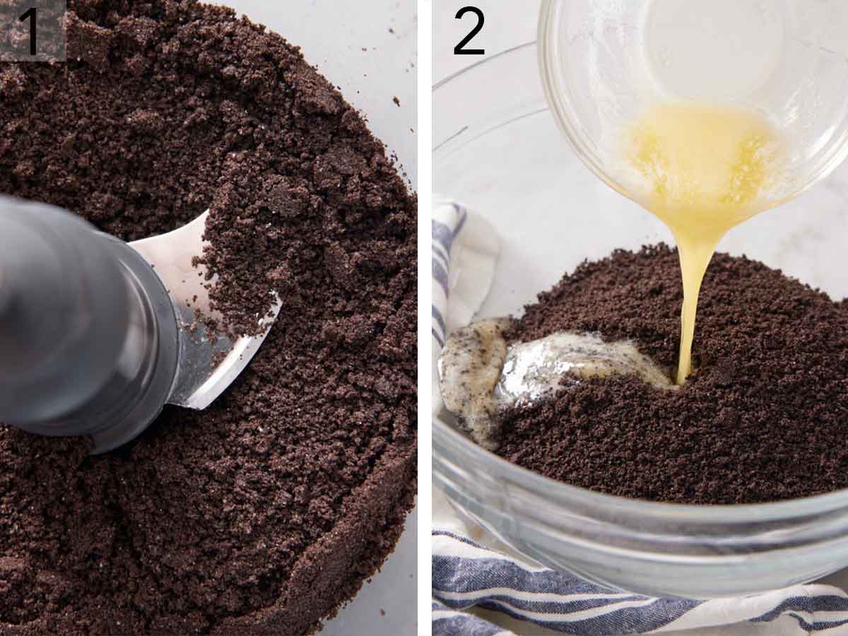 Set of two photos showing Oreos processed in a food processor and melted butter added.
