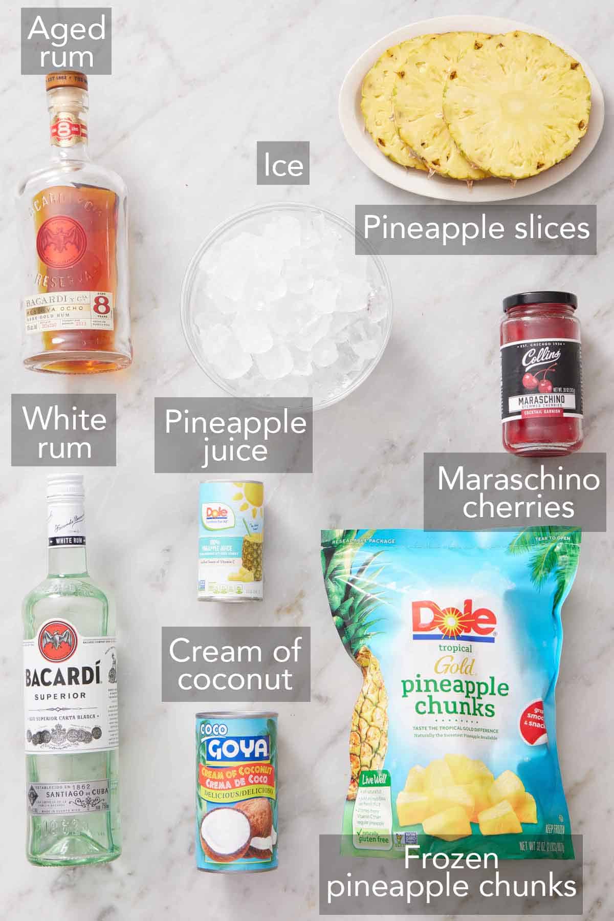 Ingredients needed to make a piña colada.