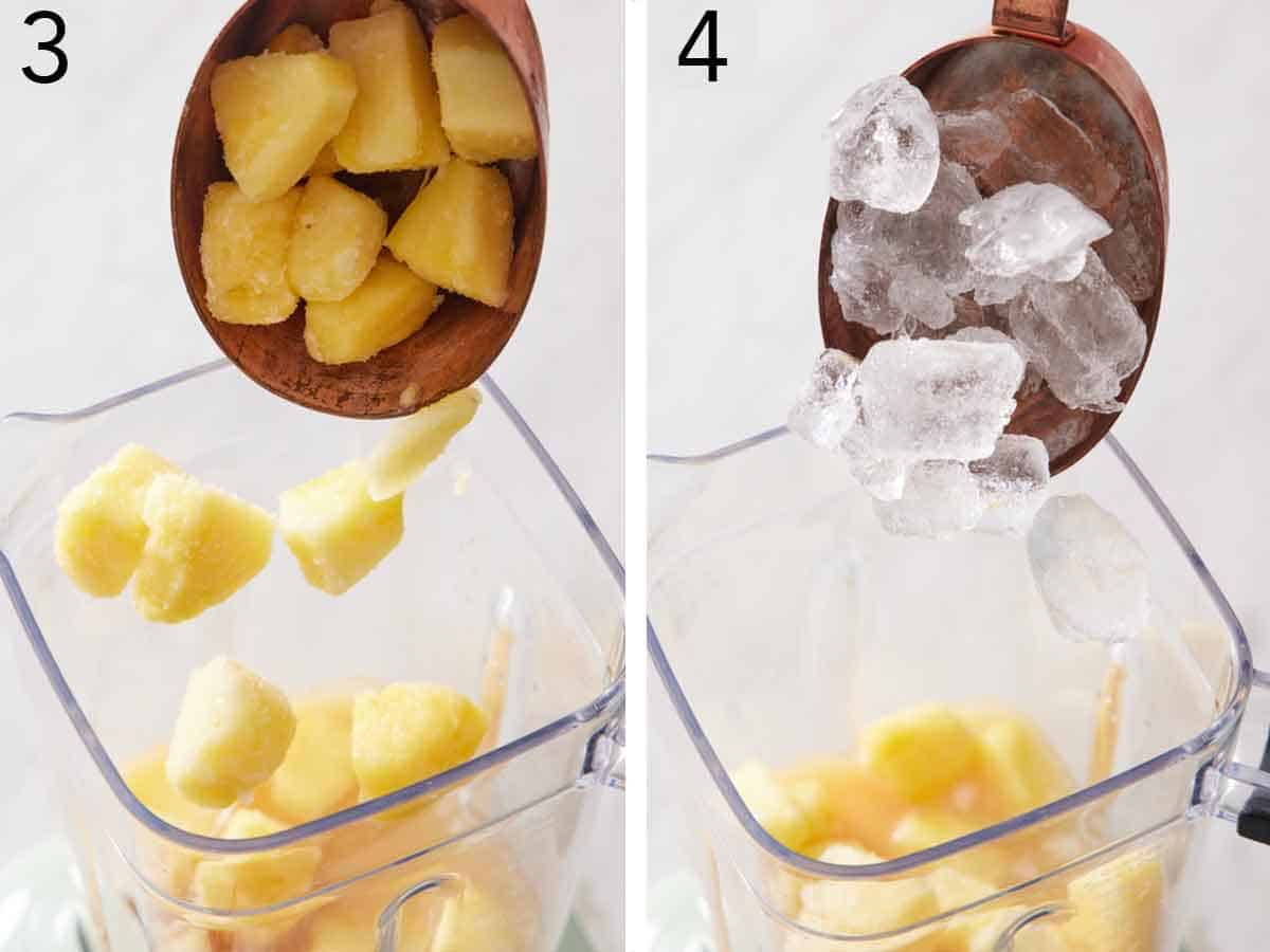 Set of two photos showing pineapple chunks and ice added to a blender.