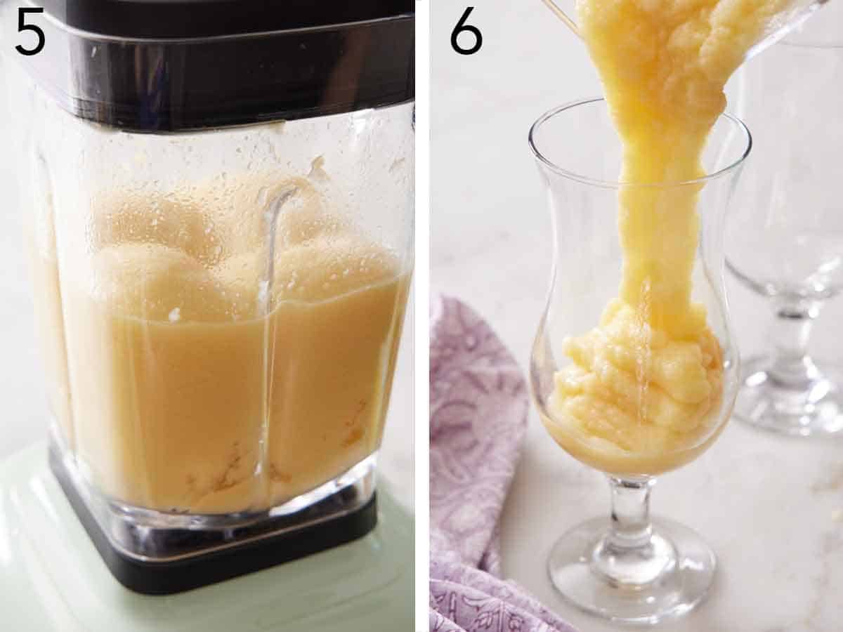 Set of two photos showing drink blended in a blender and poured into a glass.