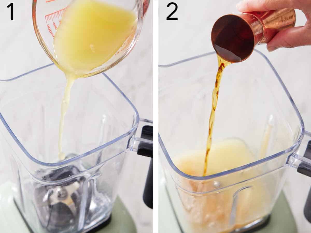 Set of two photos showing pineapple juice and rum added to a blender.