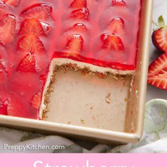 Pinterest graphic of serving of strawberry pretzel salad taken out from the baking dish.