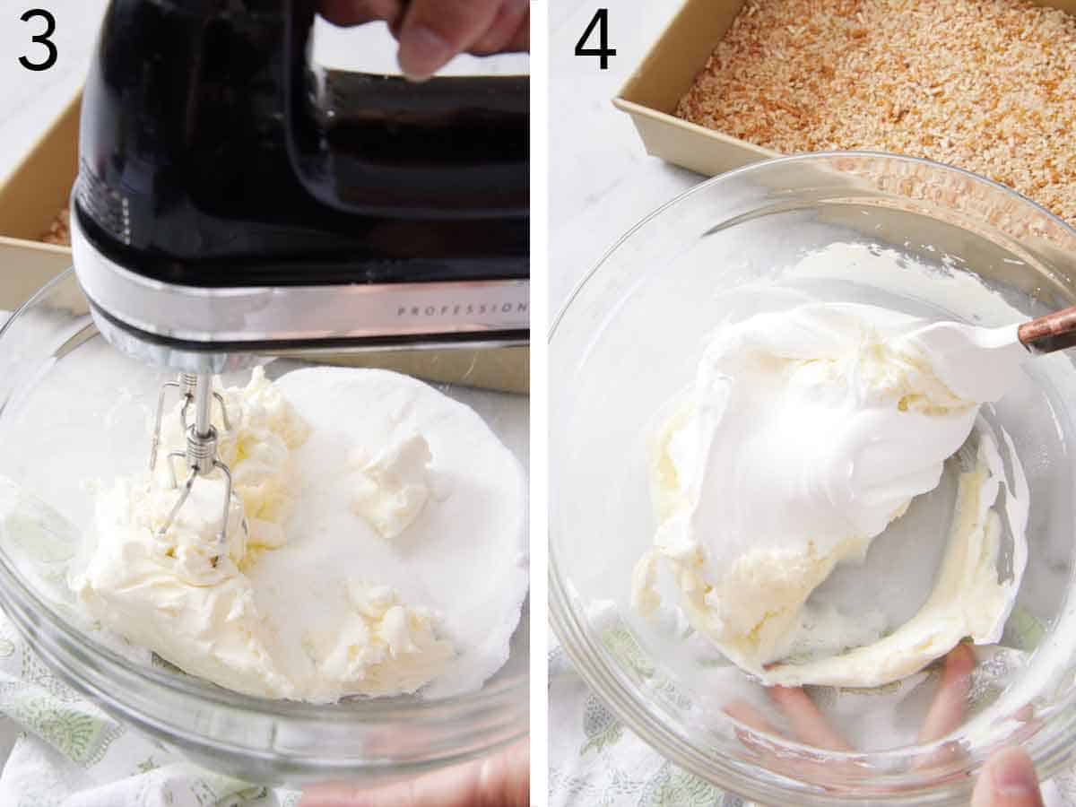 Set of two photos showing cream cheese beaten with sugar and then whipped toppings folded in.