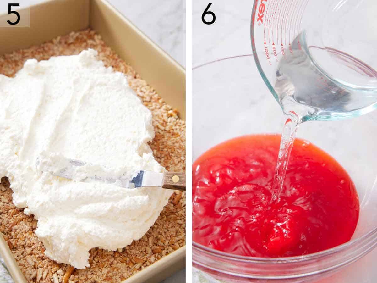 Set of two photos showing the cream cheese mixture spread over the pretzel crust and water added to Jell-O powder.