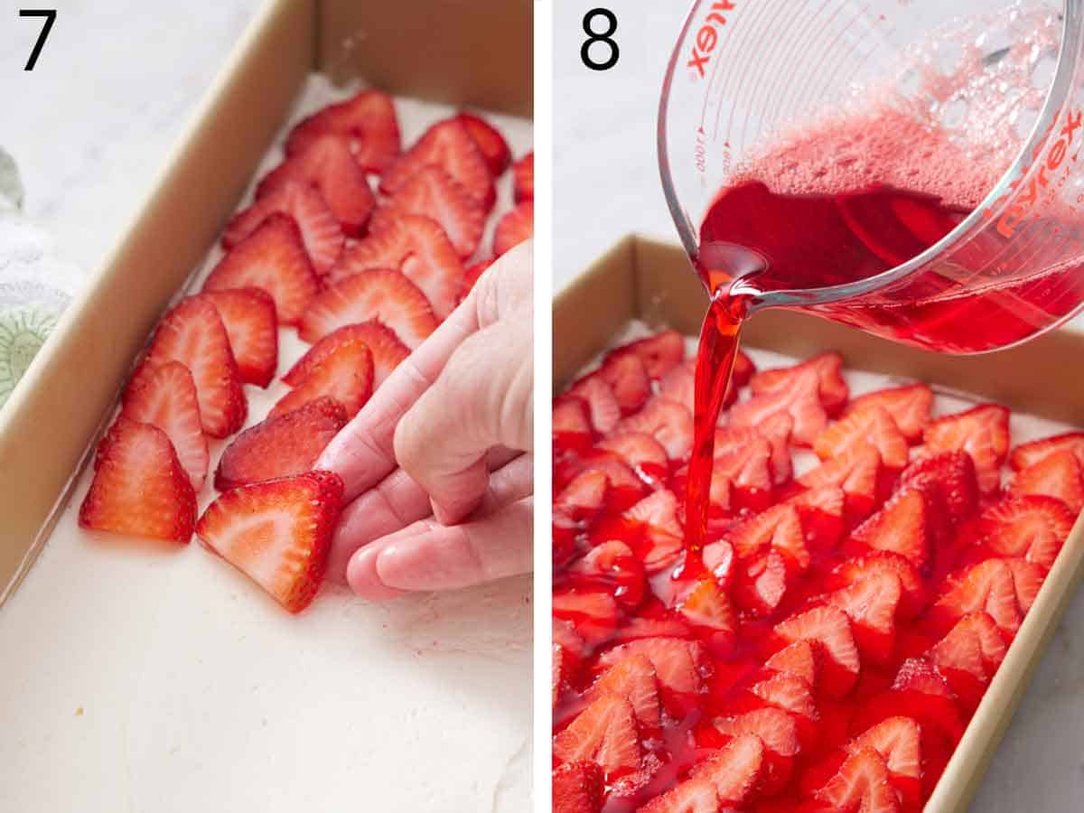 Set of two photos showing sliced strawberries placed on top of the baking dish and Jell-O liquid poured on top.