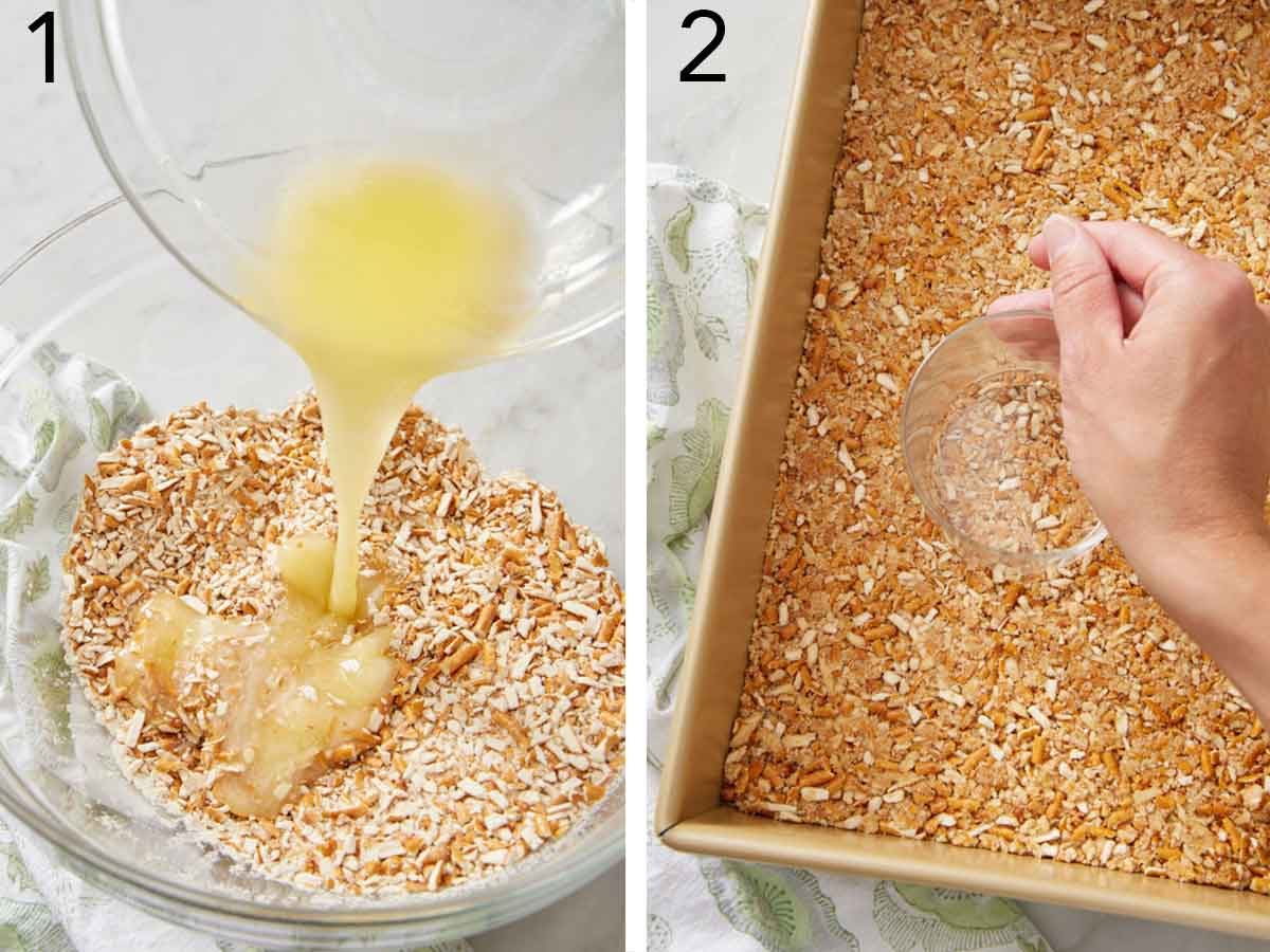 Set of two photos showing melted butter added to a bowl of crushed pretzels and pressed into a baking dish.