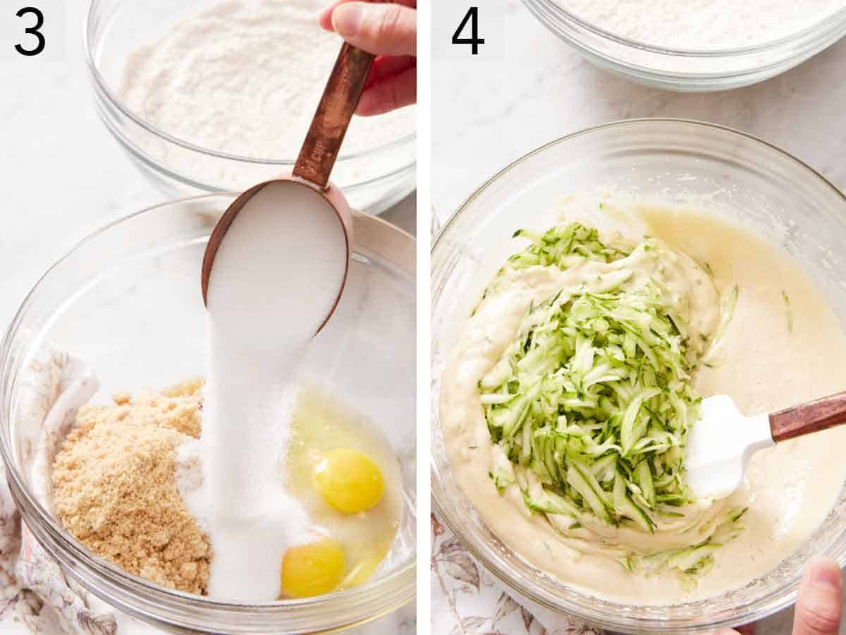 Set of two photos showing sugar added to a bowl with eggs and brown sugar and shredded zucchini stirred into batter.