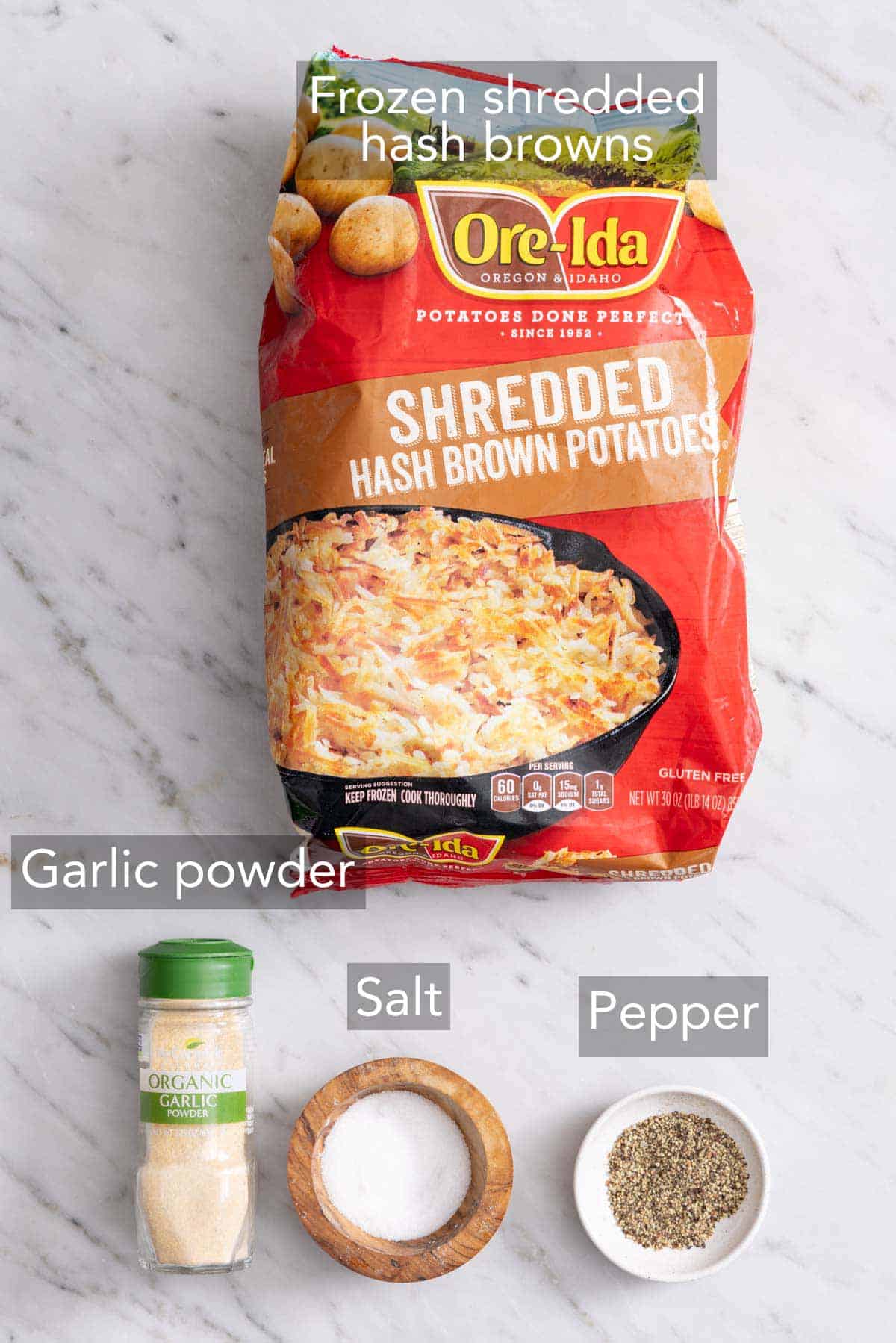 Ingredients needed to make air fryer hash browns.