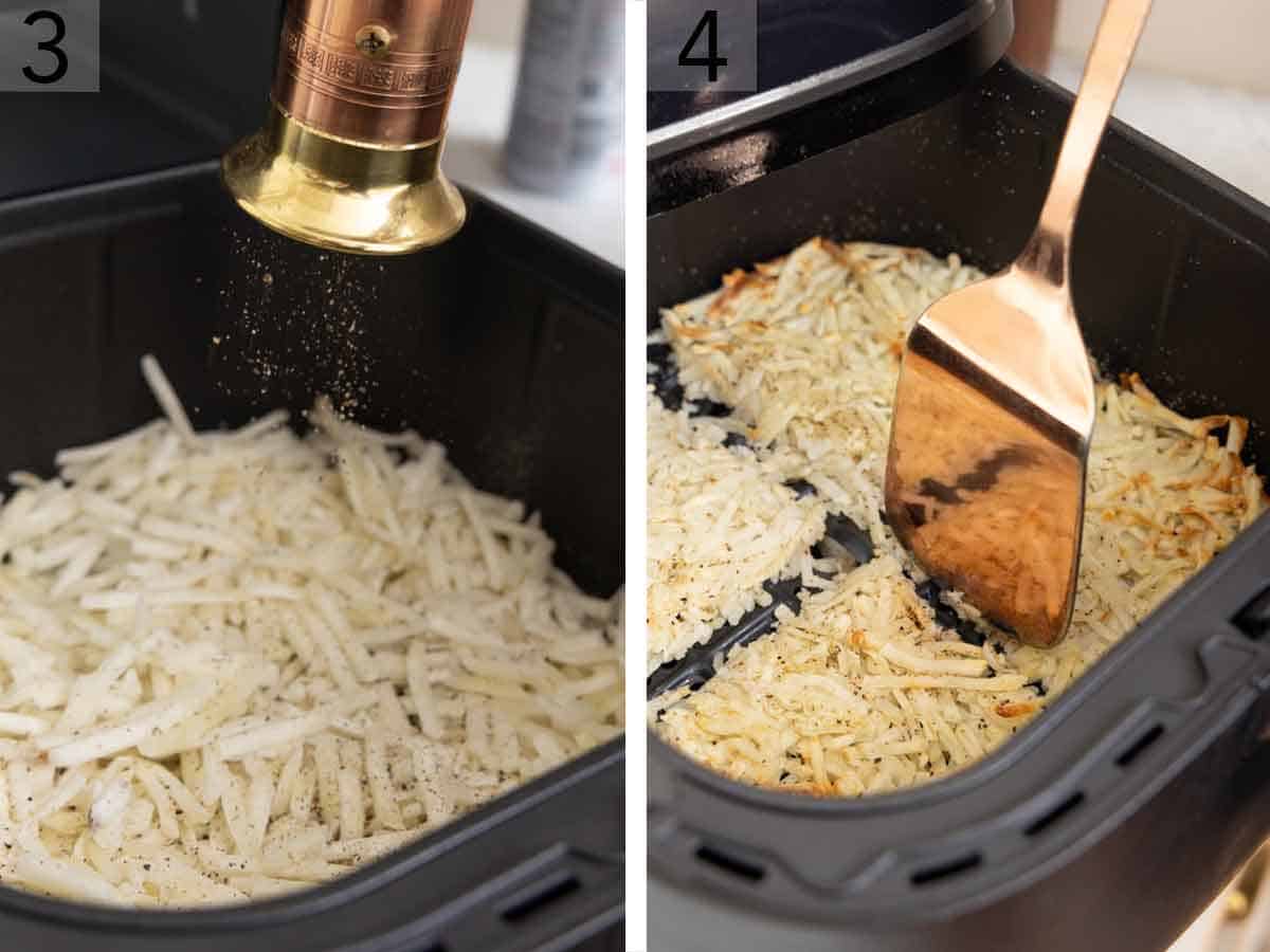 Set of two photos showing a pepper grinder grinding pepper then a spatula separating the semi-cooked hash browns into four servings.