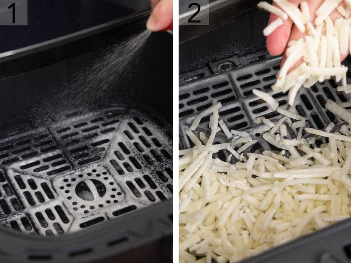 Set of two photos showing an air fryer basket sprayed with oil and frozen shredded hash browns added to the basket.