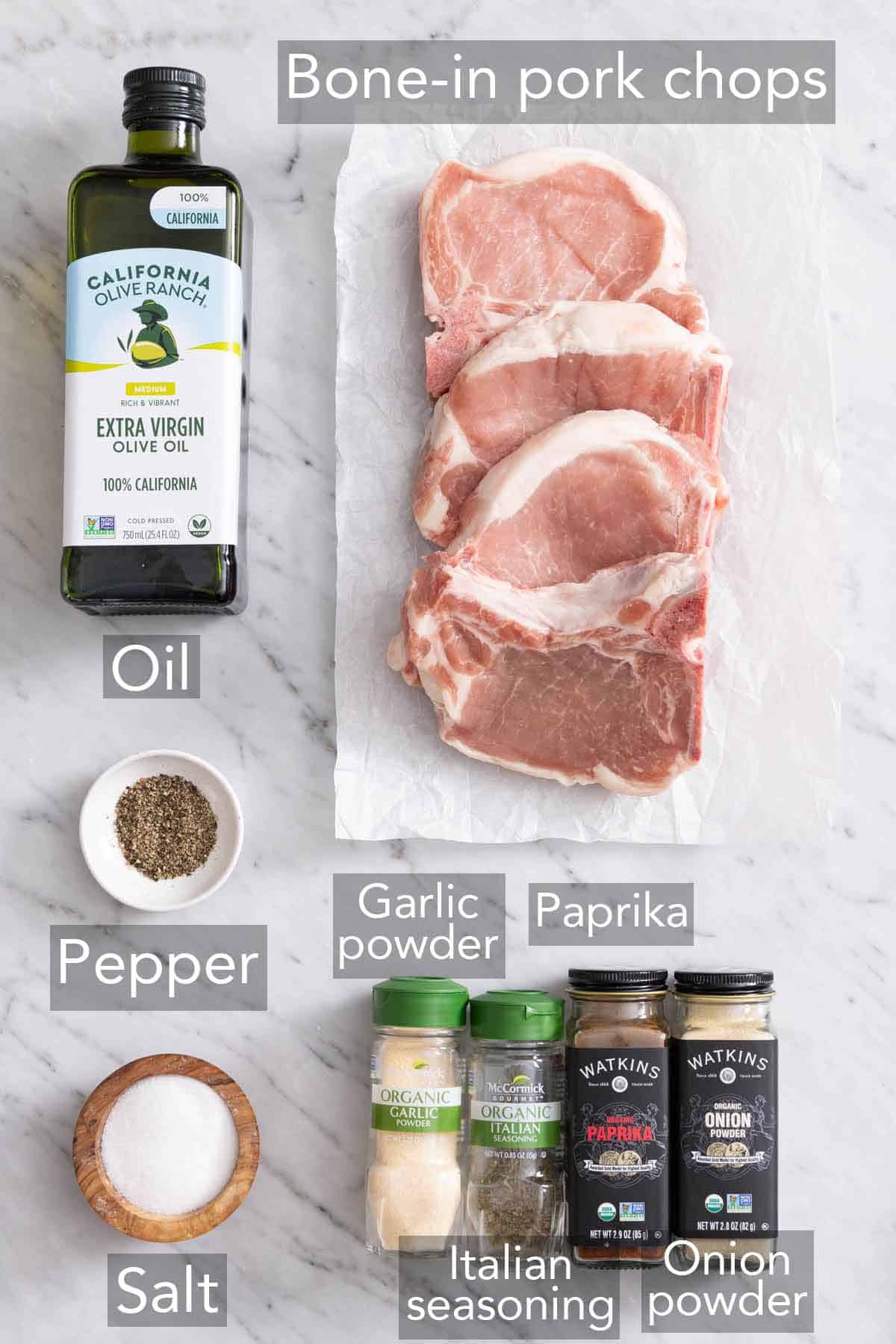 Ingredients needed to make air fryer pork chops.