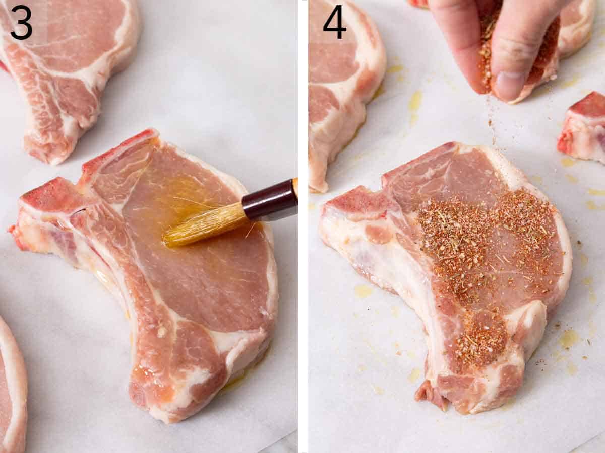 Set of two photos showing olive oil brushed onto the meat and seasoning sprinkled on top.