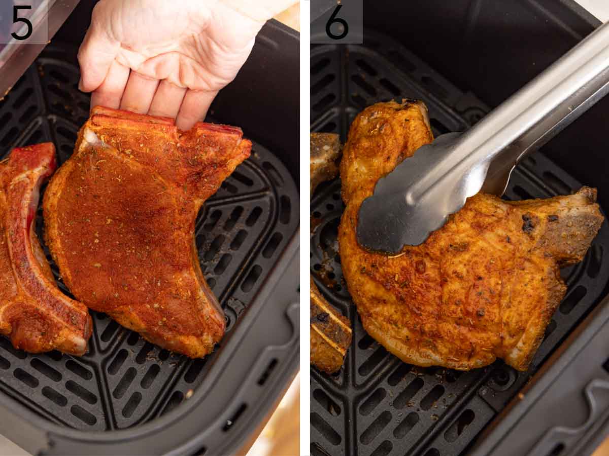 Set of two photos showing the pork chops placed in an air fryer basket and then flipped.