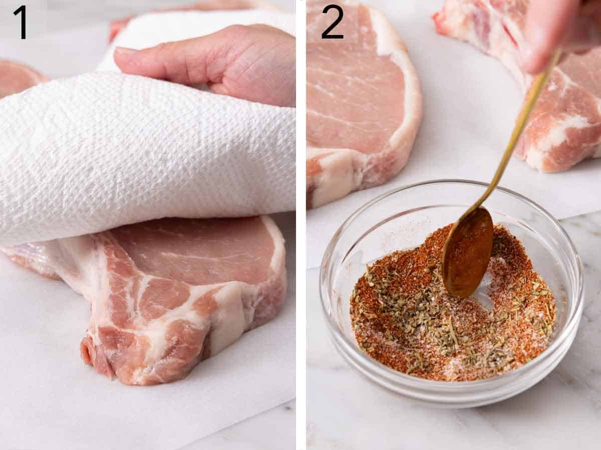 Set of two photos showing a pork chop being patted dry by a paper towel and seasoning mixed in a bowl.