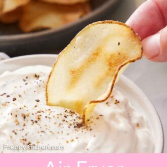 Pinterest graphic of an air fryer potato chip dipped into a dip.