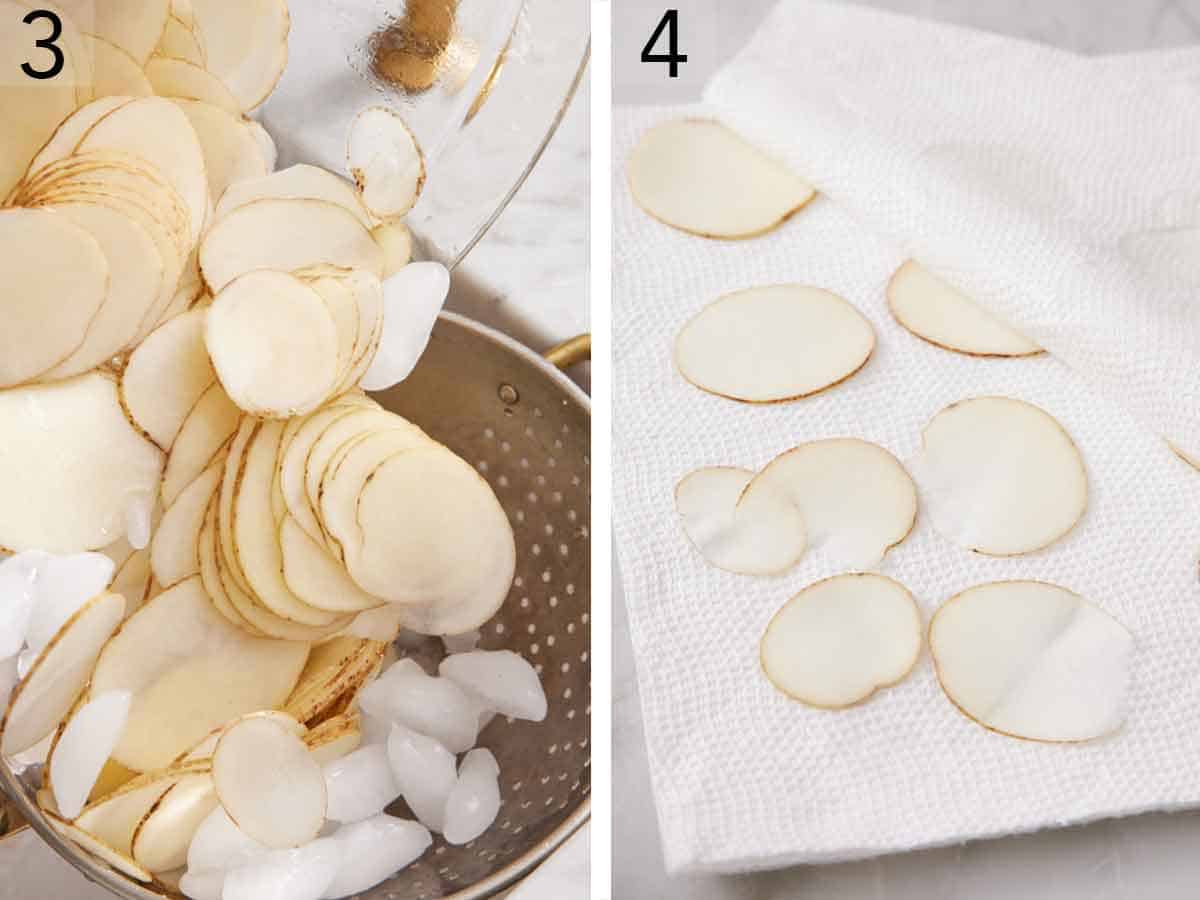 Set of two photos showing sliced potatoes strained and patted dry.