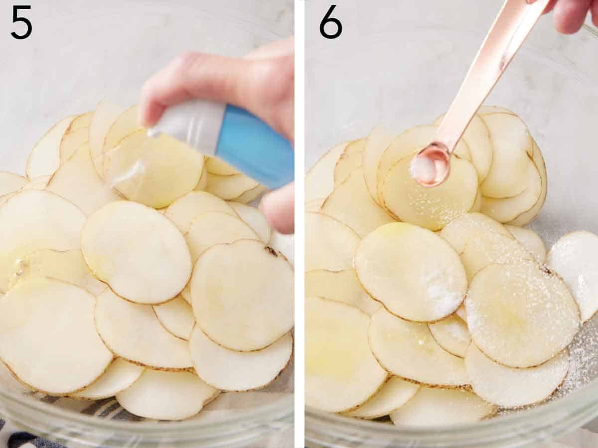 Set of two photos showing the potato slices sprayed with oil and seasoned with salt.