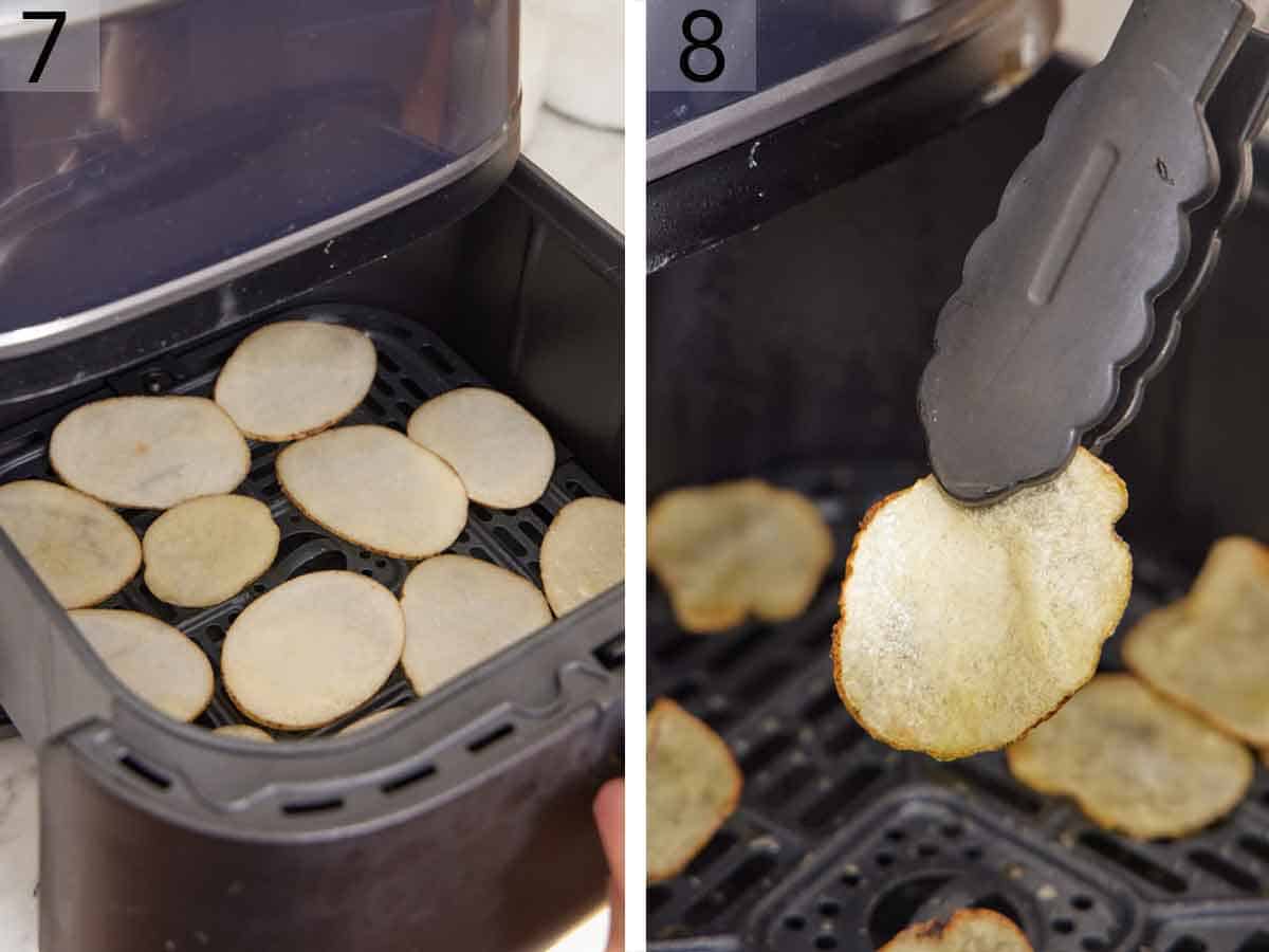 Set of two photos showing the seasoned potato slices transferred to an air fryer and air fried.