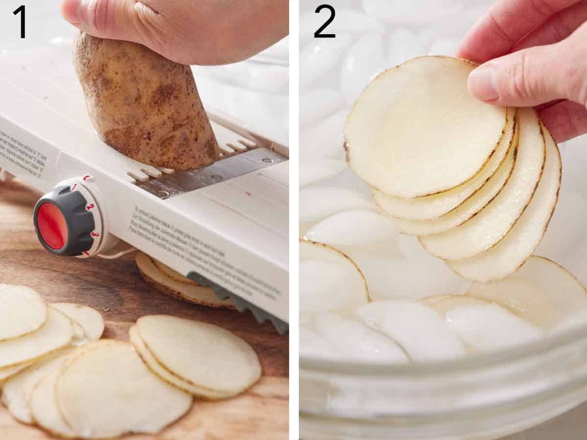 Set of two photos showing a potato grated on a mandolin slicer and placed in a bowl of ice water.