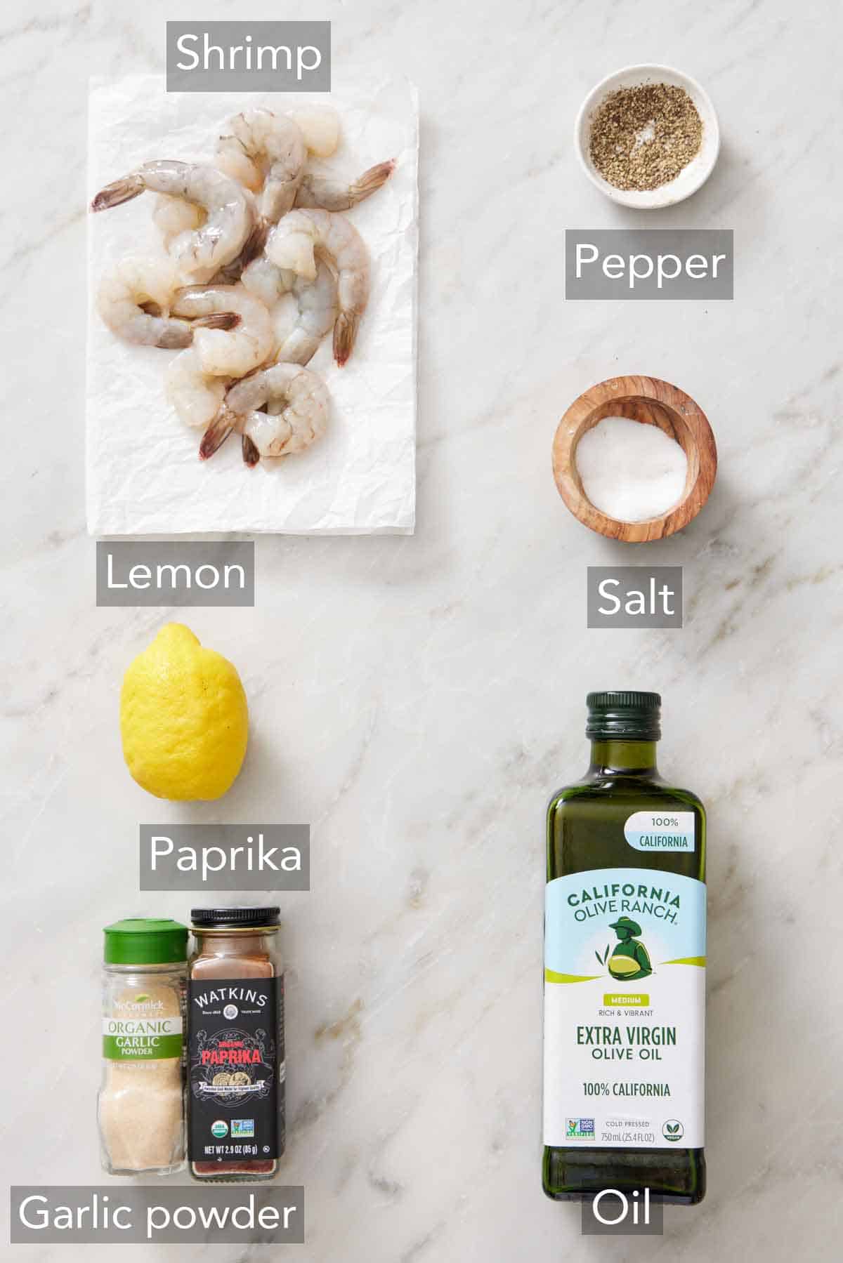 Ingredients needed to make air fryer shrimp.