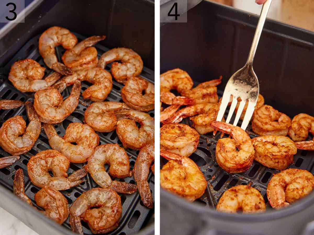 Set of two photos showing shrimp added to an air fryer basket and cooked then flipped.