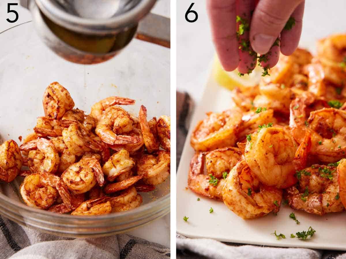 Set of two photos showing lemon juiced over shrimp then chopped parsley sprinkled on top.