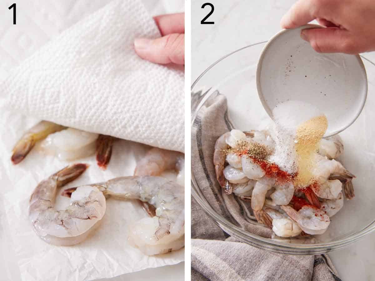 Set of two photos showing shrimp patted dry with a paper towel and seasoned.