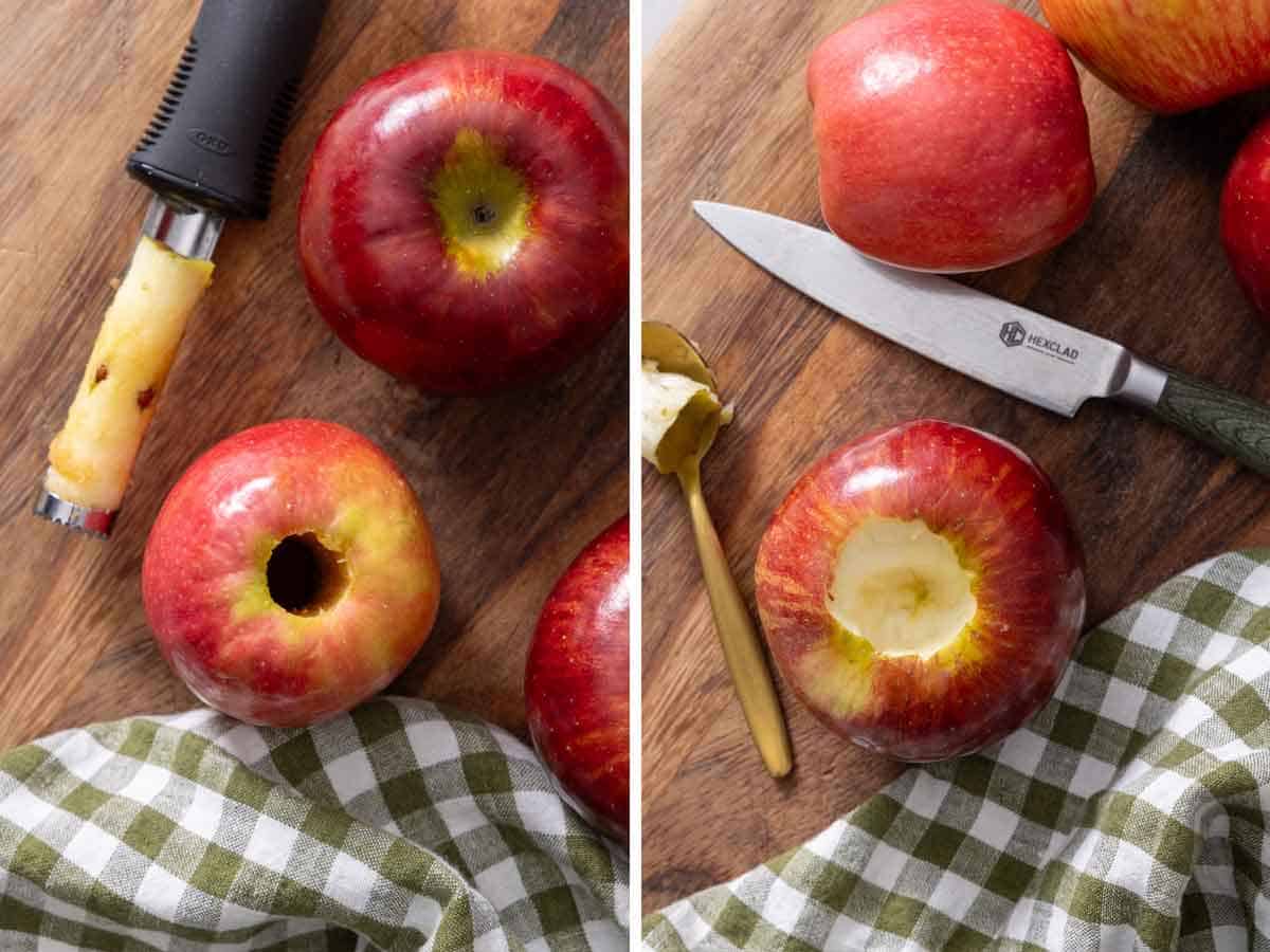 Two photos showing how to core an apple with an apple corer and with a knife.