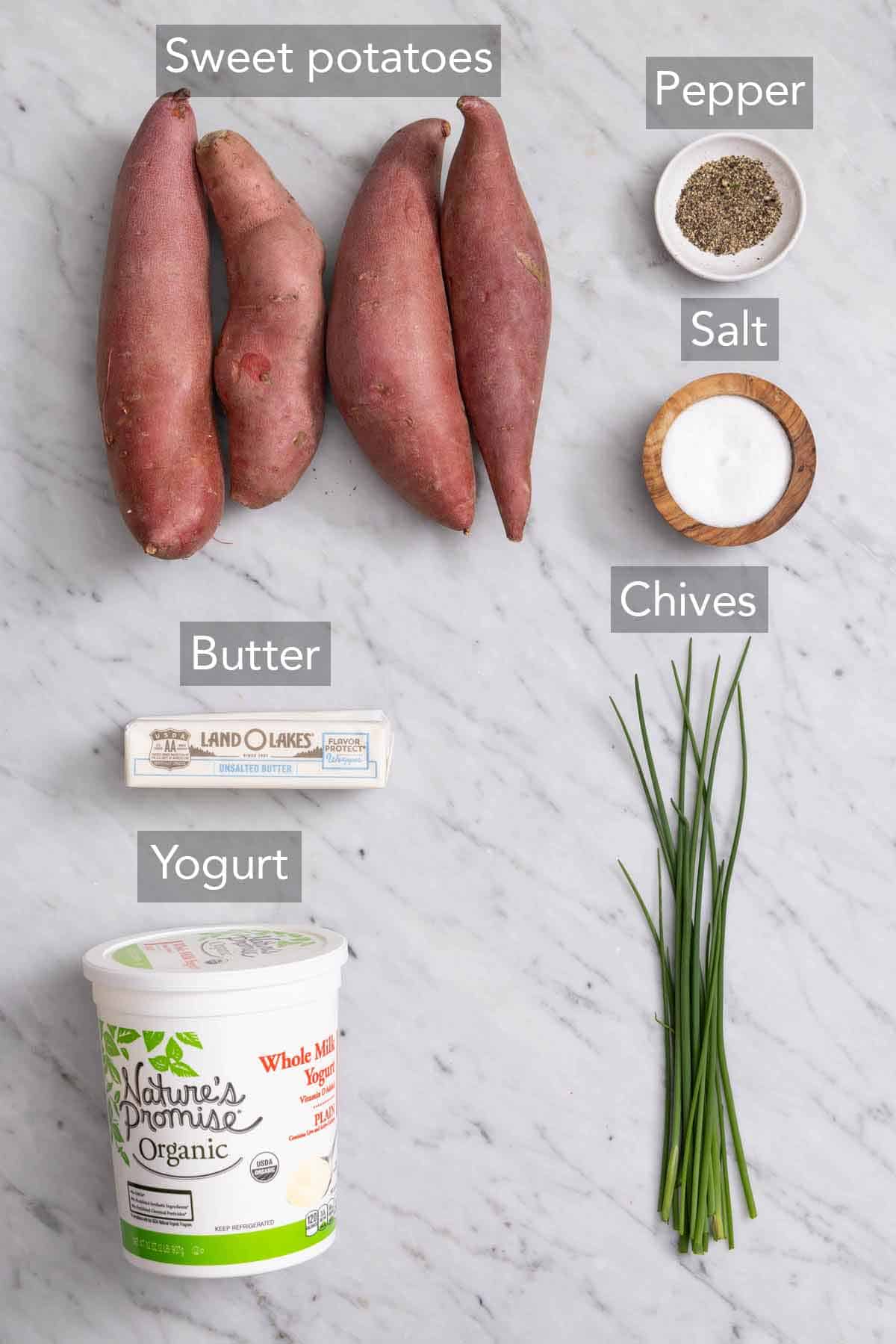 Ingredients needed to make baked sweet potatoes.