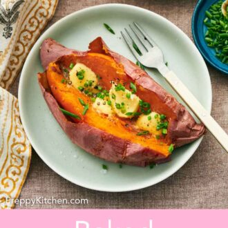 Pinterest graphic of a plate with a baked sweet potato topped with chives and butter with a fork.