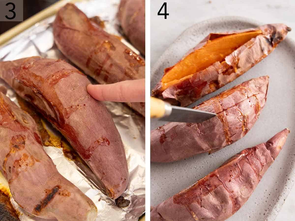 Set of two photos showing a finger poking the sweet potatoes to check for doneness then cut open.