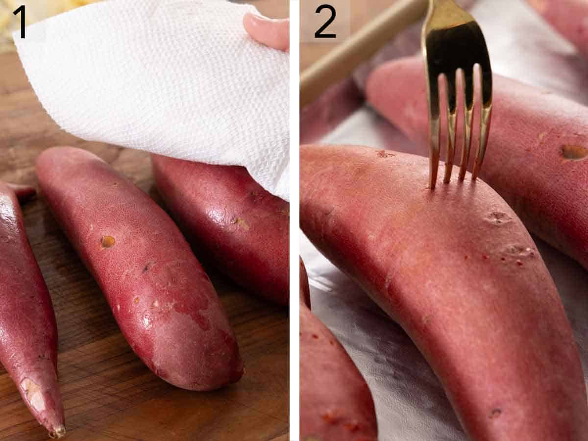 Set of two photos showing sweet potatoes patted dry with a paper towel and then pricked with a fork.