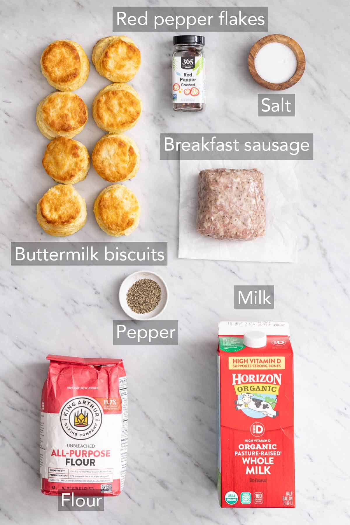 Ingredients needed to make biscuits and gravy.