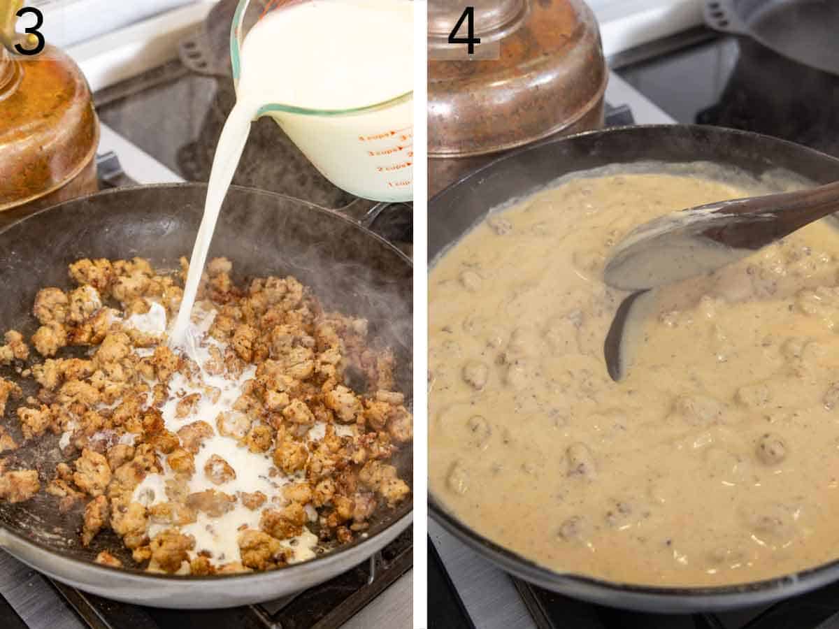 Set of two photos showing milk added to skillet to create a gravy.