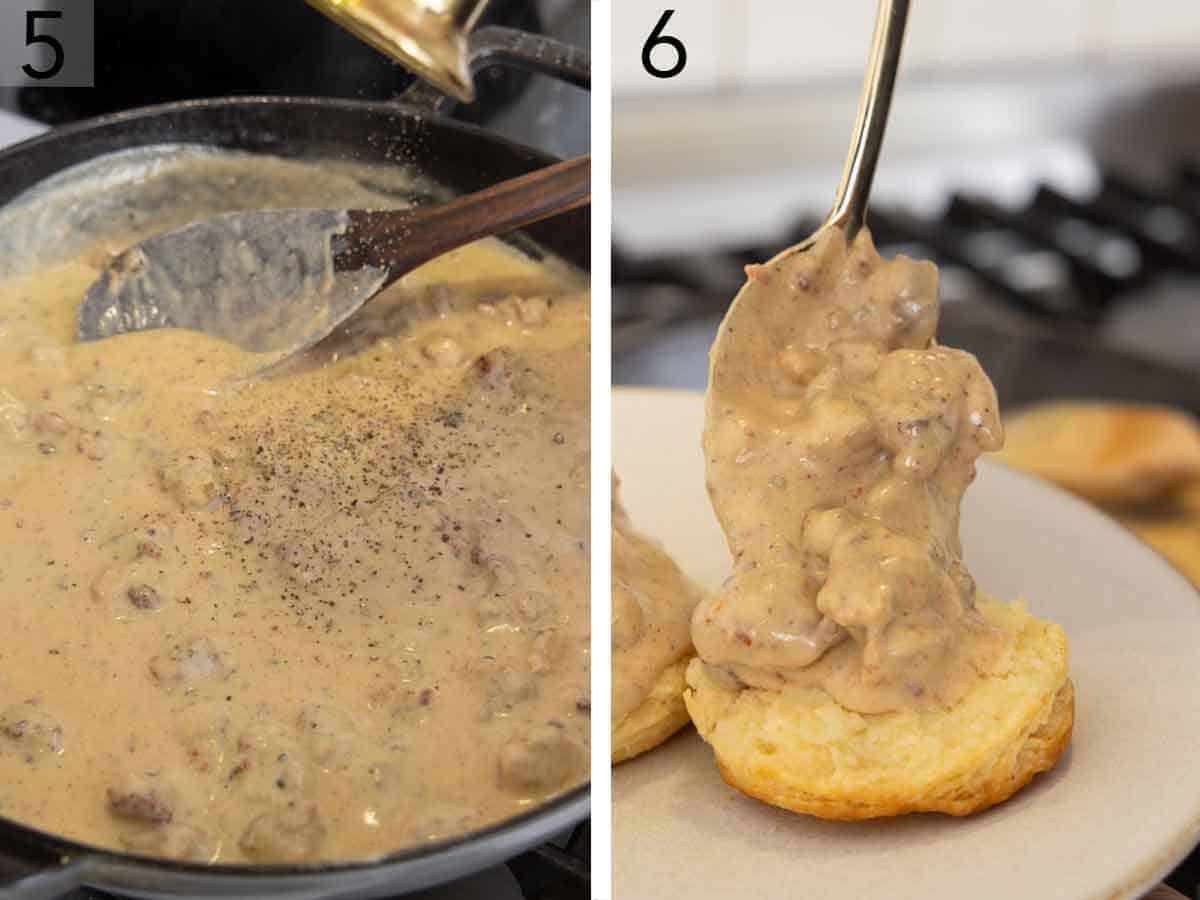 Set of two photos showing pepper added to the skillet and then the gravy spooned over biscuits.