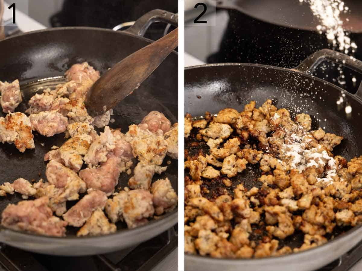 Set of two photos showing breakfast sausage browned in a skillet and flour added.