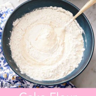 Pinterest graphic of a bowl of cake flour substitute with a spoon.