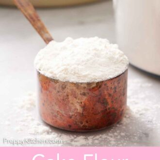 Pinterest graphic of a measuring cup with cake flour substitute.