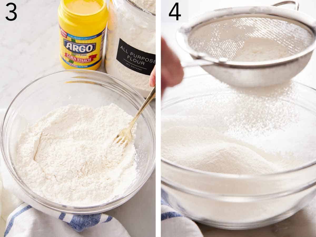 Set of two photos showing dry ingredients mixed together with a fork then sifted.