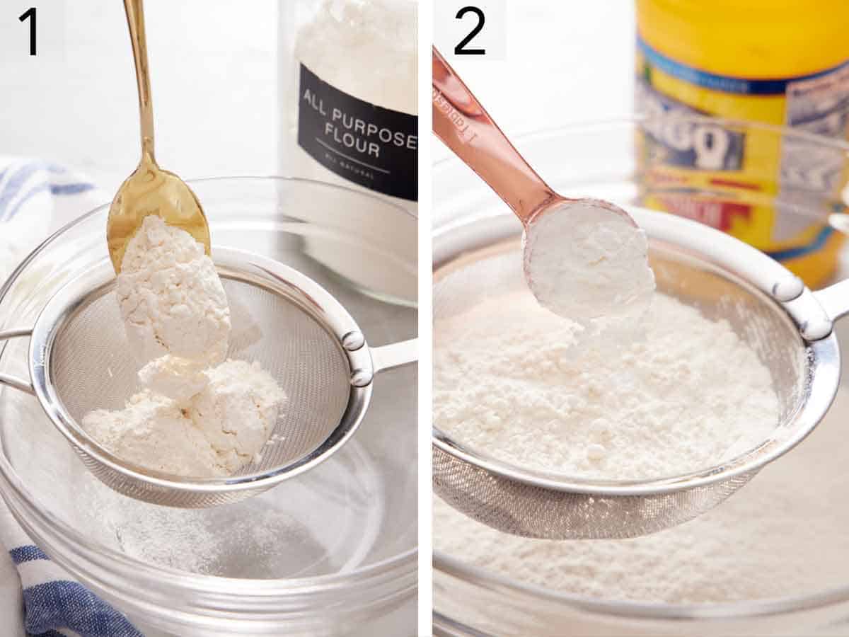 Set of two photos showing flour and cornstarch added to a sifter.