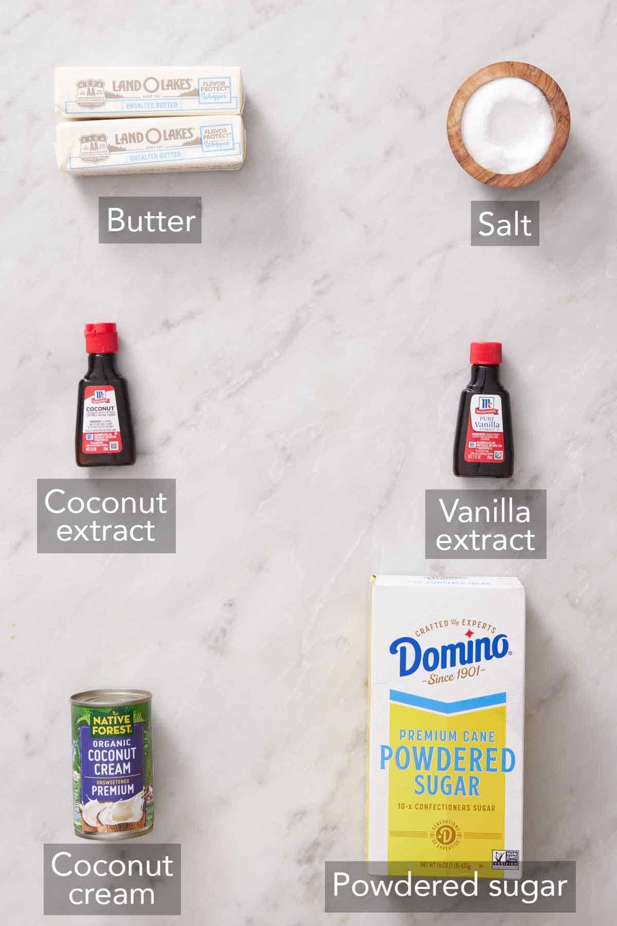 Ingredients needed to make coconut frosting.