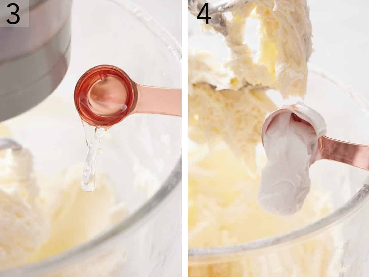 Set of two photos showing coconut extract and coconut cream added to the mixer.