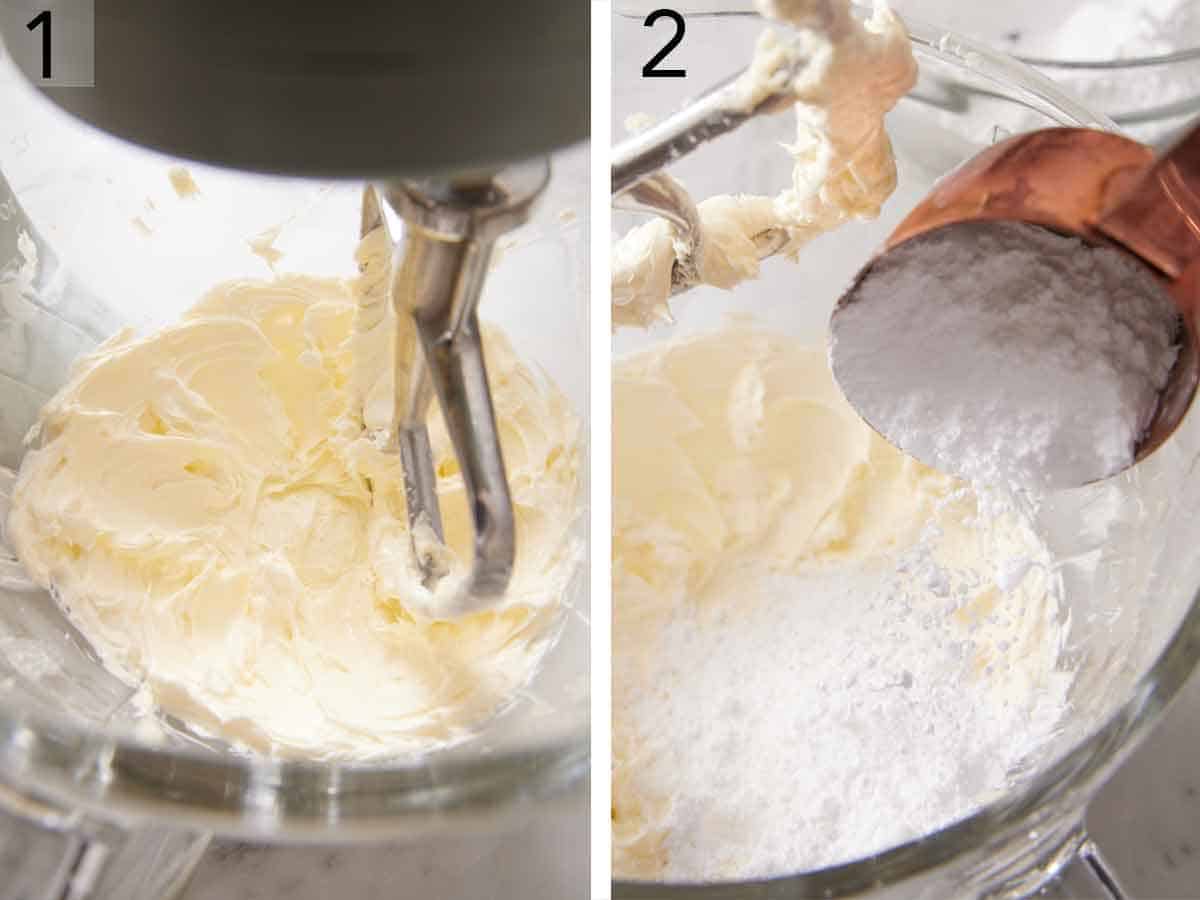 Set of two photos showing butter beaten in a mixer and powdered sugar added.