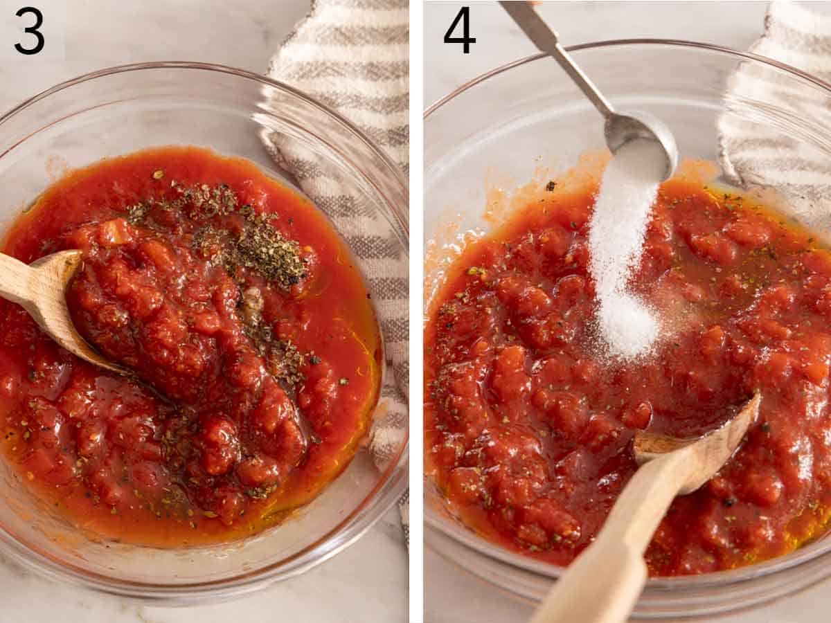 Set of two photos showing sauce stirred and sugar added.