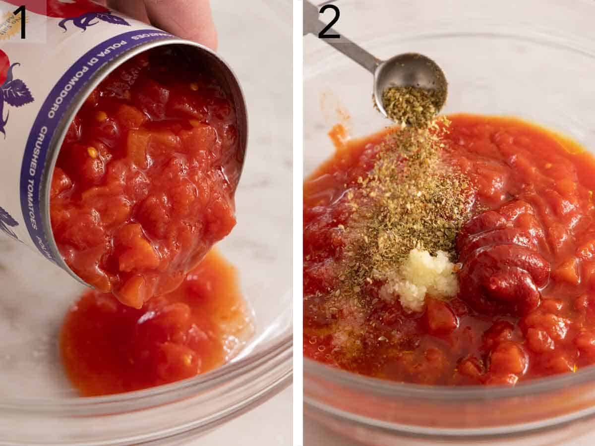 Set of two photos showing canned tomatoes and seasoning added into a bowl.