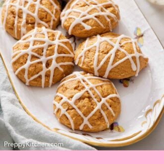 Pinterest graphic of a platter of pumpkin cookies with icing drizzled on top.