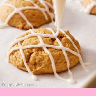 Pinterest graphic of icing piped over a pumpkin cookie.