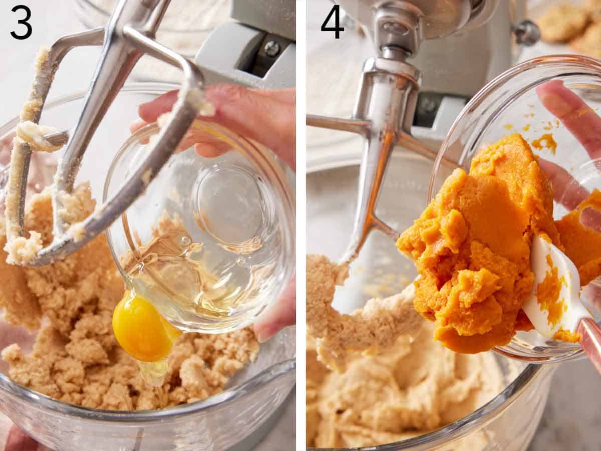 Set of two photos showing egg and pumpkin puree added to a mixer.